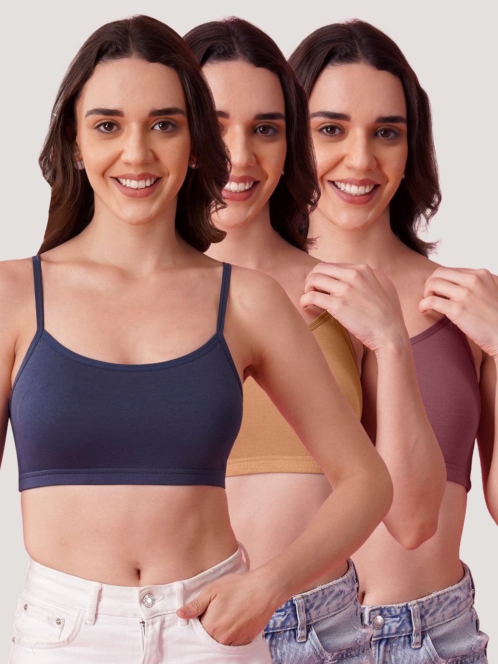 Kalyani Mia Full Coverage Double Layered Cups Cotton Beginners Bra |Pack of 3 EVENING BLUE NUDE ONION RUST