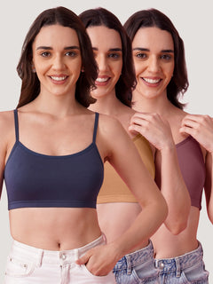 Kalyani Mia Full Coverage Double Layered Cups Cotton Beginners Bra |Pack of 3 EVENING BLUE NUDE ONION RUST