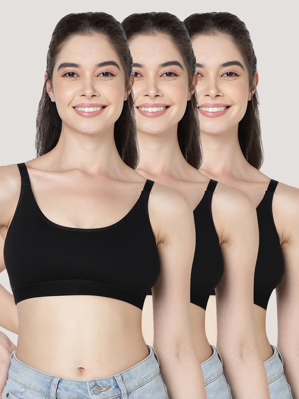 Cathy Double-Layered Slip-On Beginner Bra | Pack of 3-BLACK BLACK BLACK