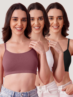 Kalyani Mia Full Coverage Double Layered Cups Cotton Beginners Bra |Pack of 3 ONION RUST & WHITE & BLACK