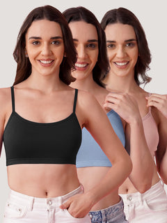 Kalyani Mia Full Coverage Double Layered Cups Cotton Beginners Bra |Pack of 3 CREPE  S.BLUE  BLACK