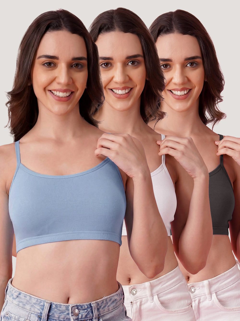 Kalyani Mia Full Coverage Double Layered Cups Cotton Beginners Bra |Pack of 3 S.BLUE WHITE ASH