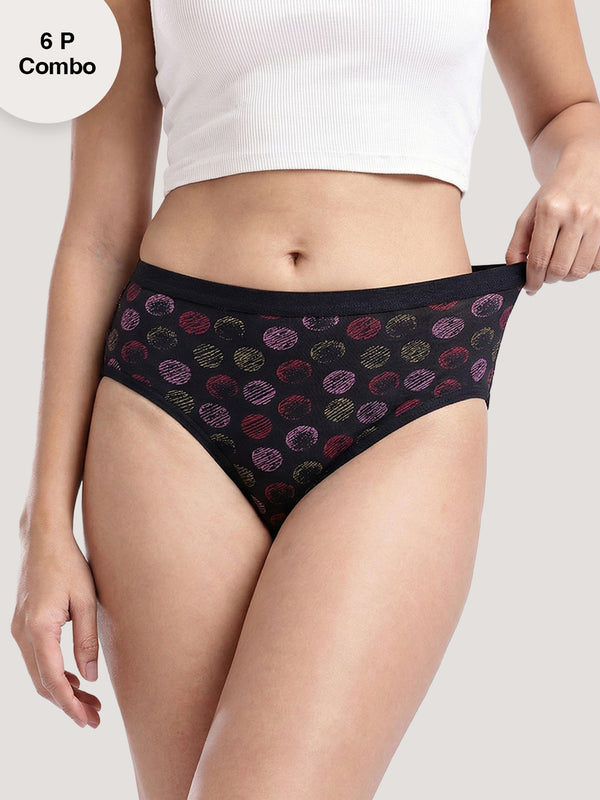 Kalyani 3525 Medium Coverage Cotton Lycra Fabric Mid Waist Printed Hipster Panties for Women | Pack of 6 | Colors and Prints may vary