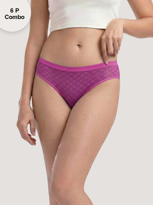 Kalyani 3529 Medium Coverage Cotton Lycra Fabric Mid Waist Printed Hipster Panties for Women | Pack of 6 | Colors and Prints may vary