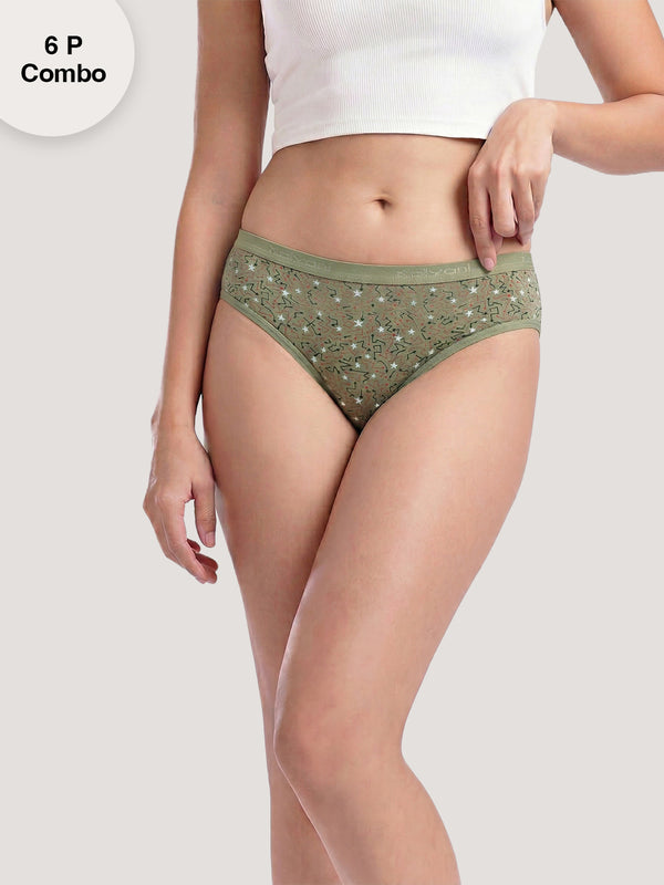 Kalyani 3530 Medium Coverage Cotton Lycra Fabric Mid Waist Printed Hipster Panties for Women | Pack of 6 | Colors and Prints may vary