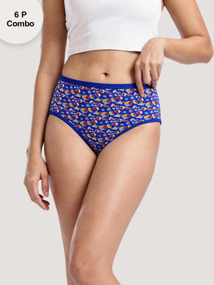 Kalyani 69006 High Coverage Premium Cotton Lycra Fabric Hipster Style Printed Panties for Women | Pack of 6 | Colors and Prints may vary