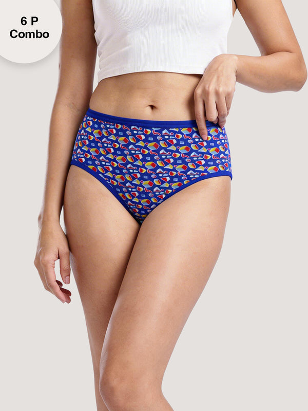 Kalyani 69006 High Coverage Premium Cotton Lycra Fabric Hipster Style Printed Panties for Women | Pack of 6 | Colors and Prints may vary