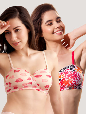 Kalyani Coco Soft Padded Demi Coverage Seamless Printed T-Shirt Bras | Pack of 2 | Colors & Prints May Vary
