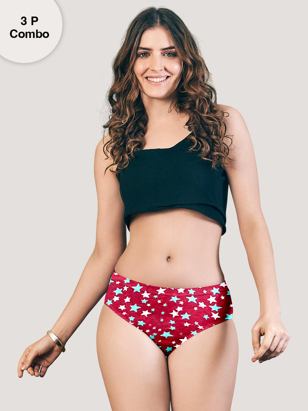 Kalyani (9500) Mid Rise Hipster Printed Melange Cotton Panties Pack of 3 - Colors & Prints May Vary