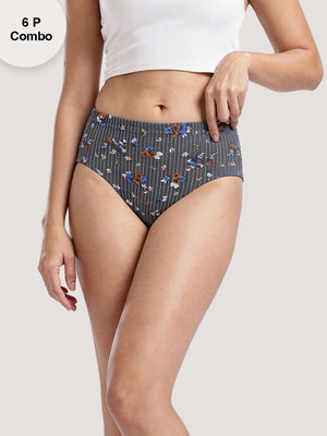 Kalyani 9536 Women's Full Coverage Grip Mid Waist Printed Hipster Panties | Pack of 6 | Colors and Prints may vary