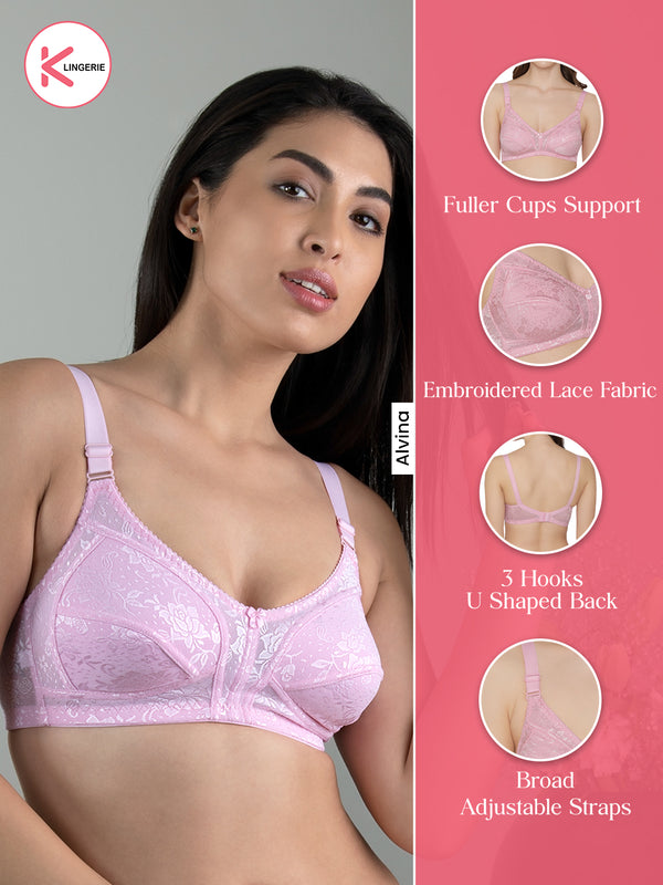 Alvina Non Padded Wirefree Embroidered Lace Bra-PINK