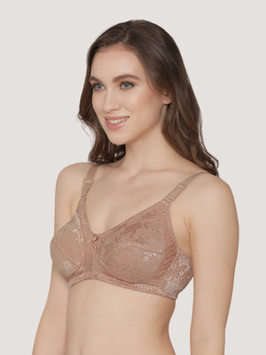 Alvina Non Padded Wirefree Embroidered Lace Bra-DARK NUDE