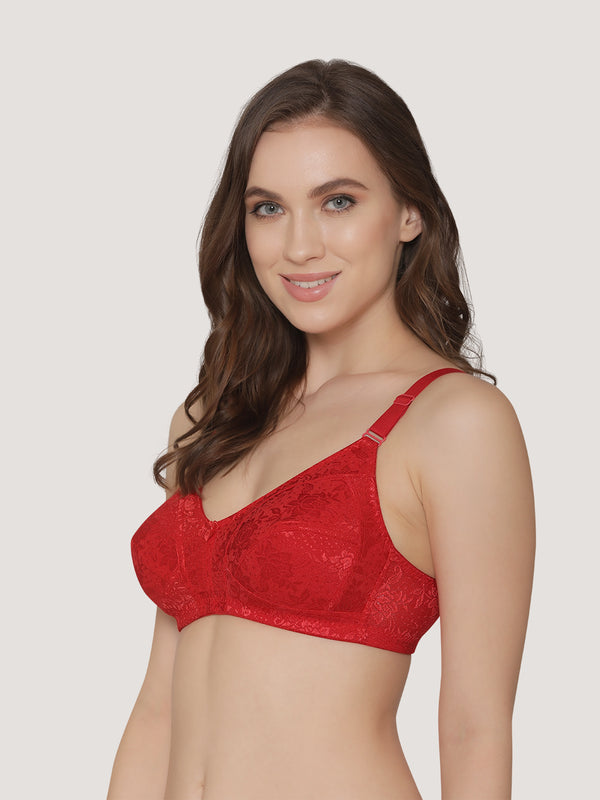 Alvina Non Padded Wirefree Embroidered Lace Bra-RED