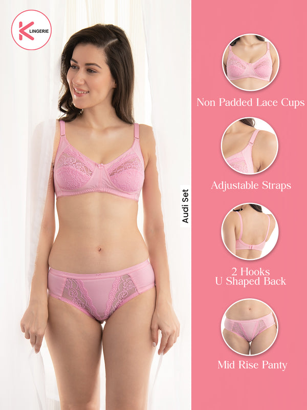 Audi Bikini Cut Lace Bra Panty Set-PINK