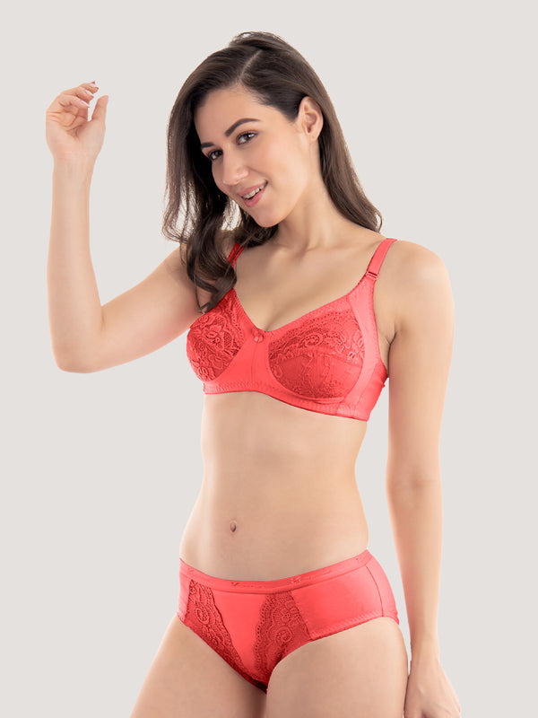 Audi Bikini Cut Lace Bra Panty Set-HOT PINK