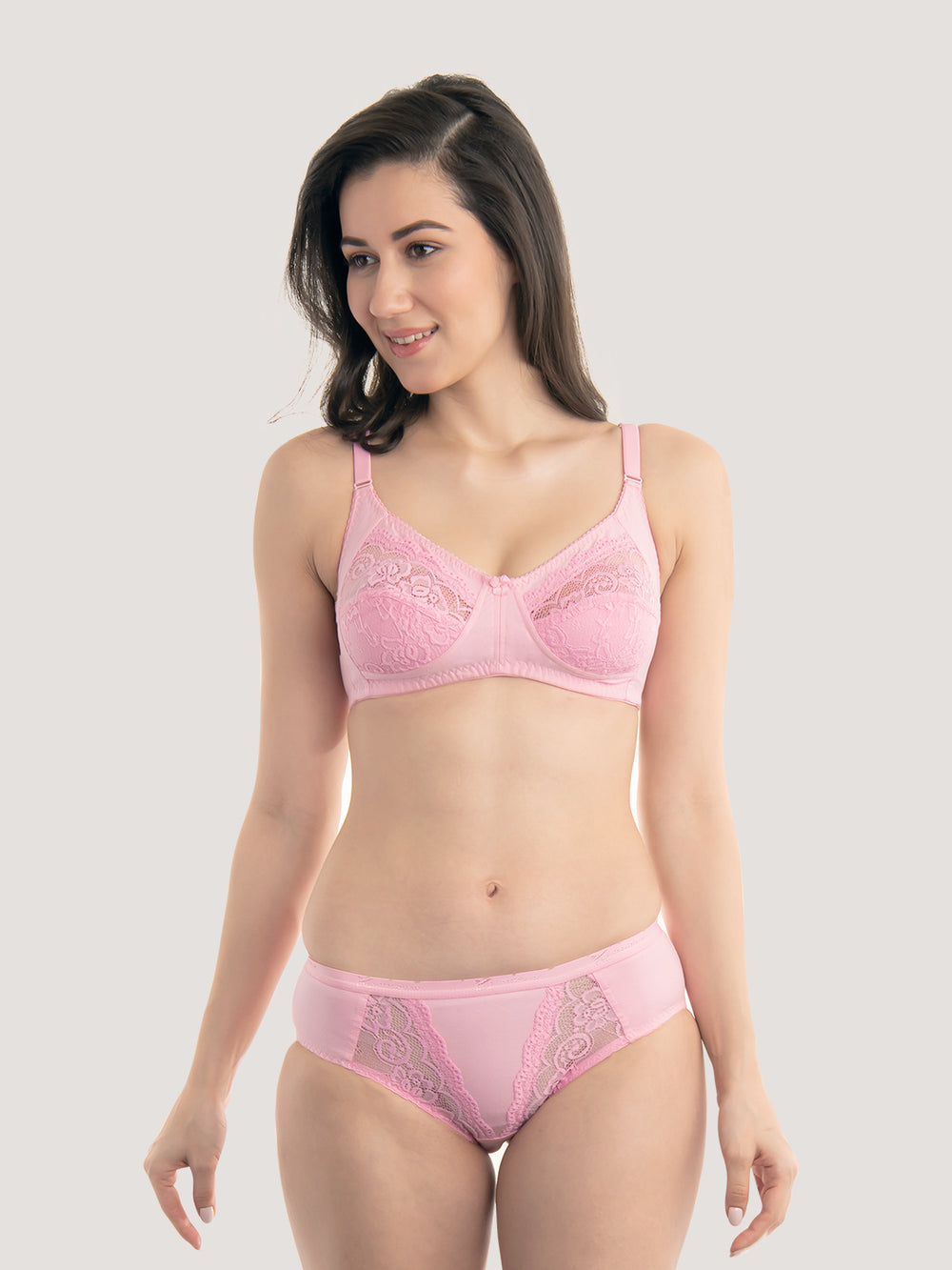 Audi Bikini Cut Lace Bra Panty Set-PINK