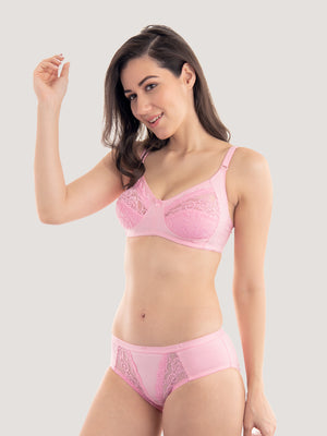 Audi Bikini Cut Lace Bra Panty Set-PINK