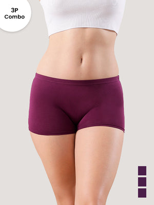 Willow High Coverage Women's Boyshort Briefs | Pack of 3-BURGUNDY BURGUNDY BURGUNDY