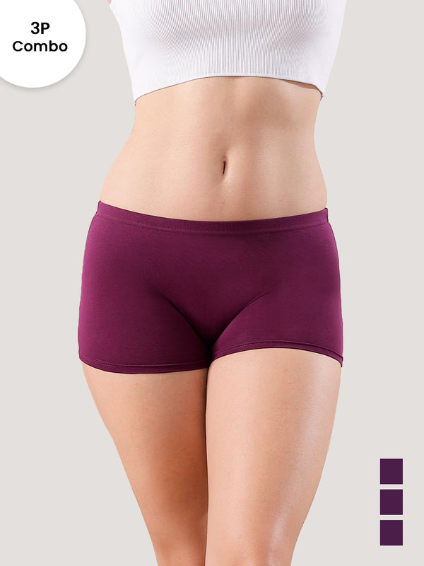 Willow High Coverage Women's Boyshort Briefs | Pack of 3-BURGUNDY BURGUNDY BURGUNDY