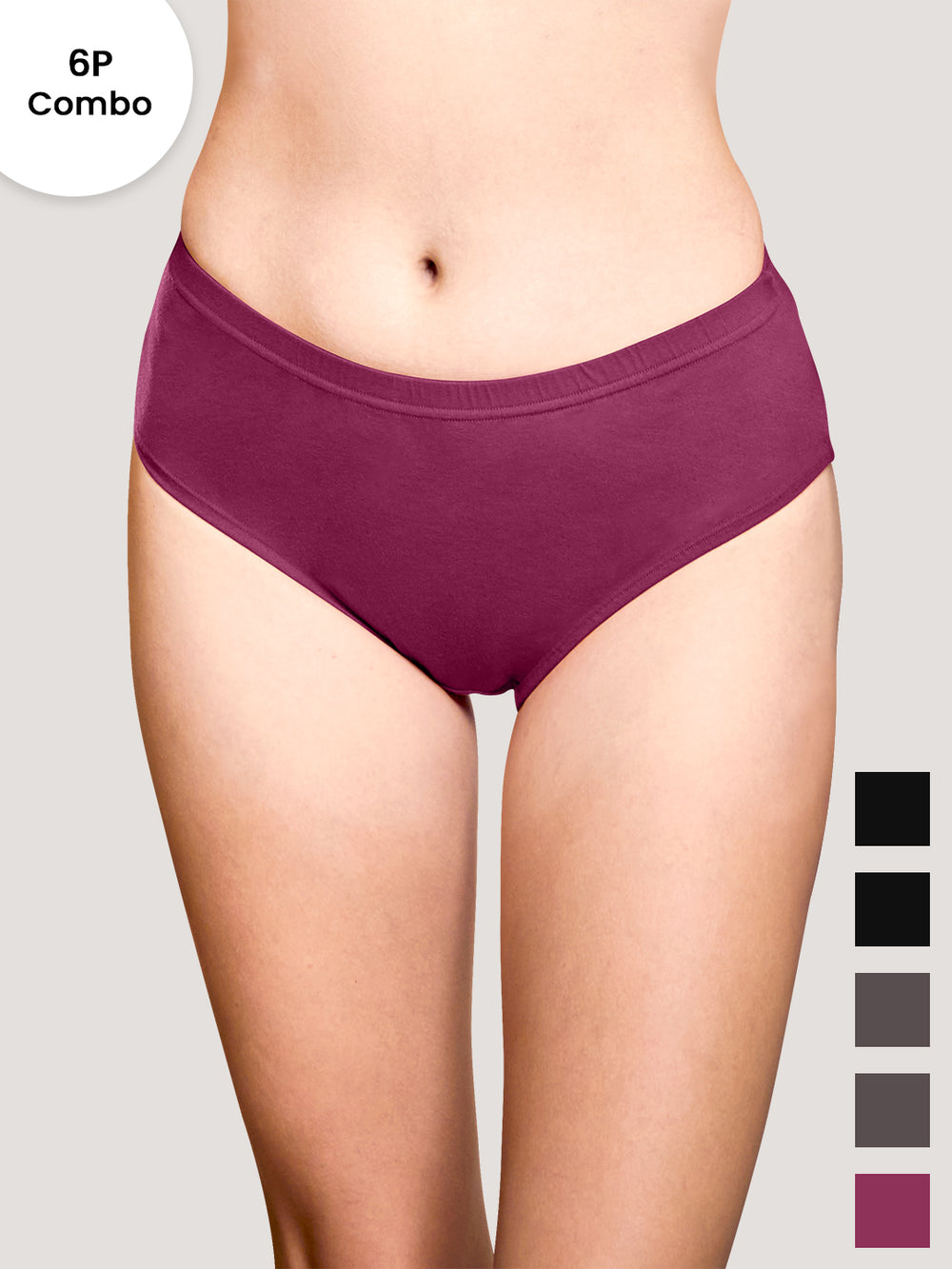 Theo Woman's Inner Elastic Hipster Panties | Pack of 6- BLK BLK ASH ASH BGD BGD