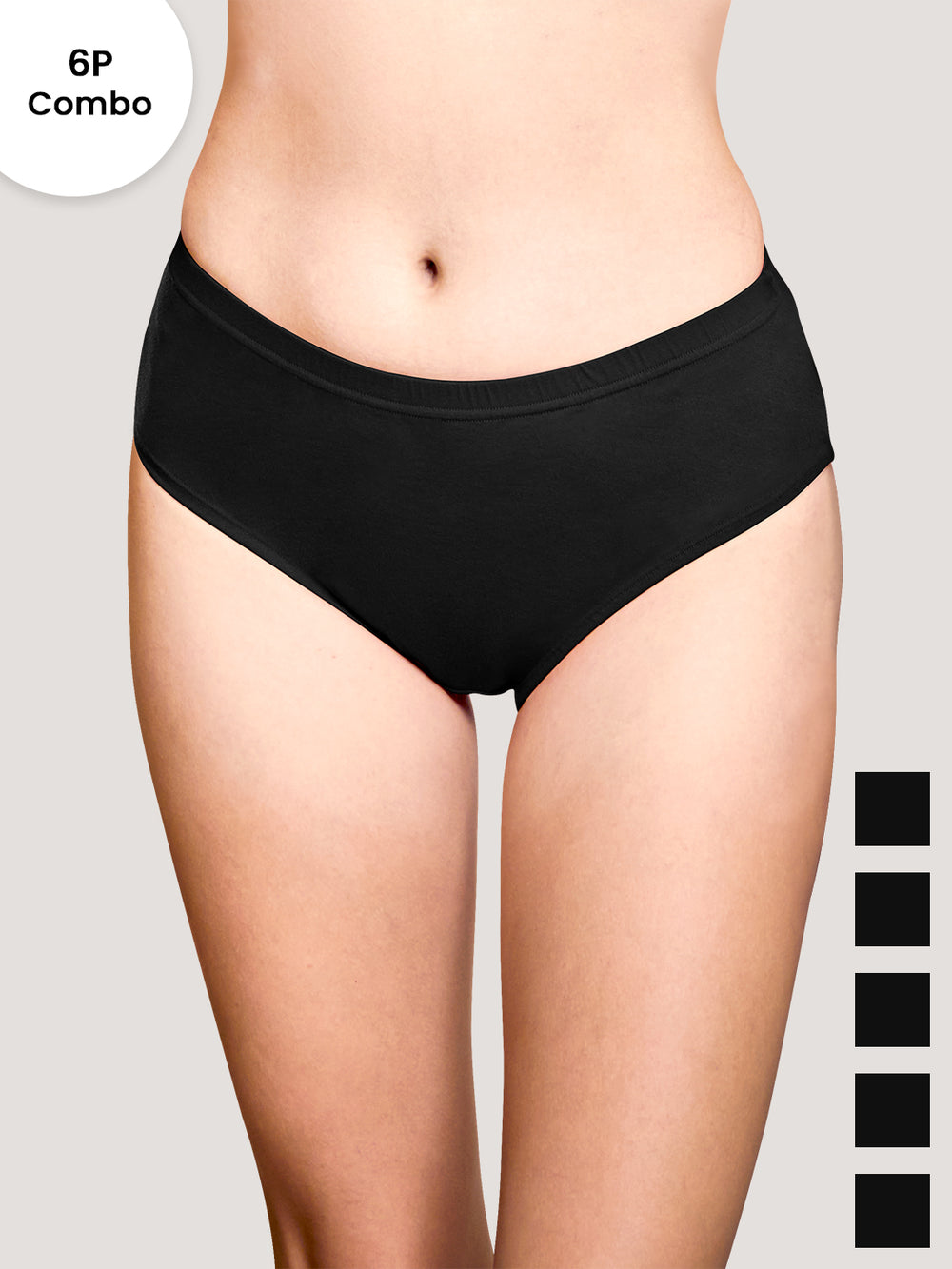 Theo Woman's Inner Elastic Hipster Panties | Pack of 6-BLK BLK BLK BLK BLK BLK