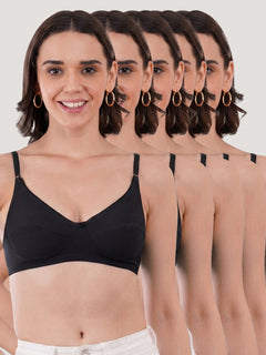 Kalyani Rinni Non Padded Everyday Cotton Bra with Minimal Lace Details | BLACK BLACK BLACK BLACK BLACK Pack of 5