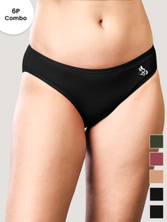 Reeva Women's Cotton Lycra Seamless Bikini Panty | Pack of 6- BLK BLK BLK OLV RST ND