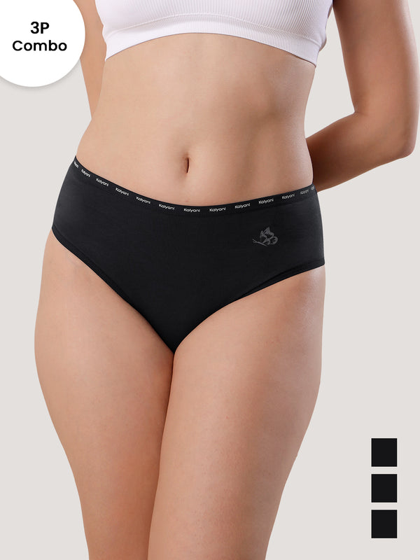 Vami High Coverage Cotton Spandex Hipster Panties for Women | Pack of 3-BLACK BLACK BLACK