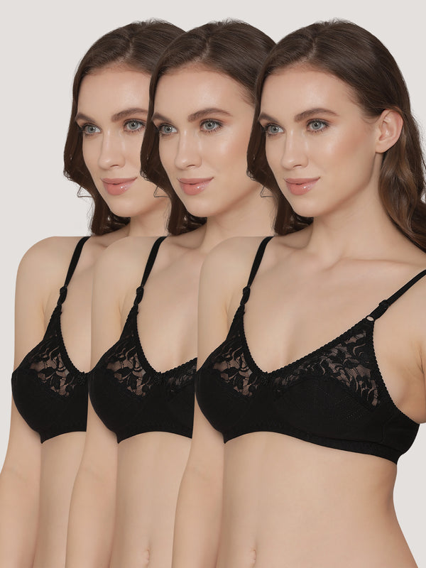 Deepali Non Padded Everyday Lace Bra | Pack of 3-BLACK BLACK BLACK