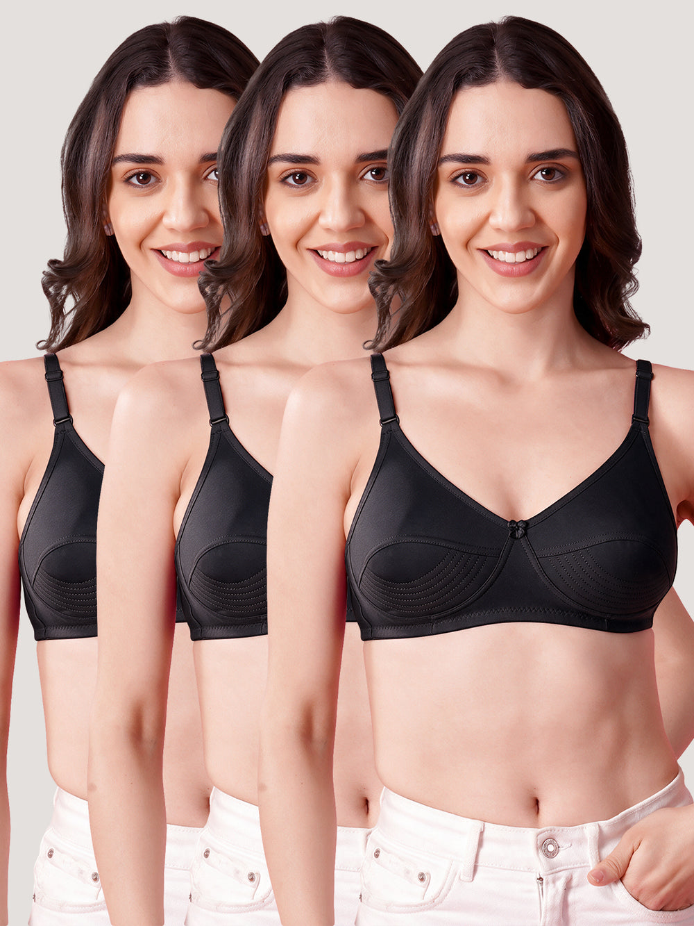 Pranika Non Padded Seamed Everyday Bra | Pack of 3-BLACK BLACK BLACK