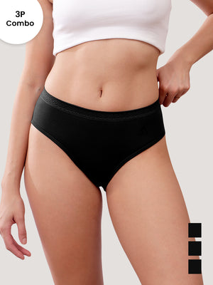 Oshiya Micro Modal Mid Rise Hipster Panty with Full Back Coverage Pack of 3 | BLACK BLACK BLACK