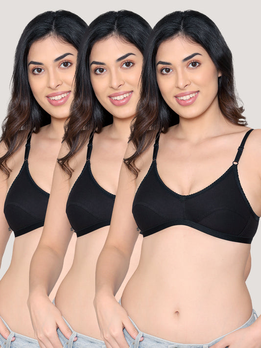 Vidhi Seamed Non-Padded Everyday Bra | Pack of 3-BLACK BLACK BLACK