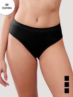 Oshiya Micro Modal Mid Rise Hipster Panty with Full Back Coverage Pack of 3 | BLACK BLACK BLACK