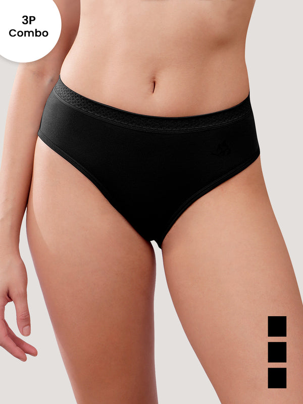 Oshiya Micro Modal Mid Rise Hipster Panty with Full Back Coverage Pack of 3 | BLACK BLACK BLACK