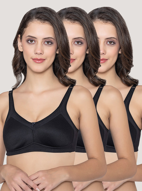 Martin Non-Padded Seamless Cups Moulded Bras with Cushioned Straps | Pack of 3 | BLACK BLACK BLACK