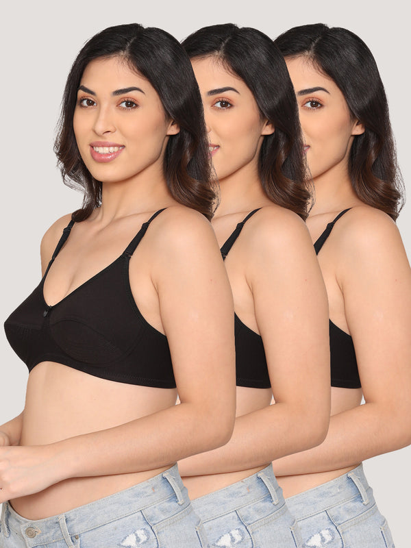 Pranika Non Padded Seamed Everyday Bra | Pack of 3-BLACK BLACK BLACK