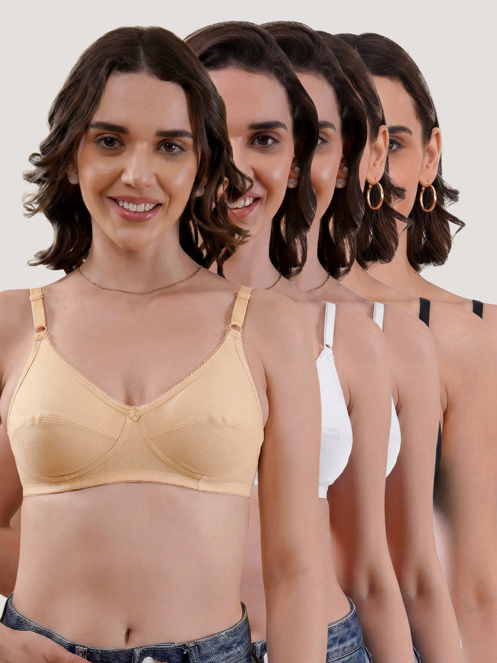 Kalyani Rinni Non Padded Everyday Cotton Bra with Minimal Lace Details |BLACK BLACK WHITE WHITE SKIN Pack of 5
