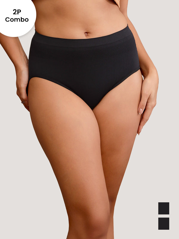 Kavya Women’s High Rise Full Coverage Knitted Hipster Panty with No-Roll Broad Inner Elastic Waistband Pack of 2| BLACK BLACK