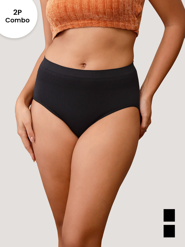 Kavya Women’s High Rise Full Coverage Knitted Hipster Panties | Pack of 2 | BLACK BLACK