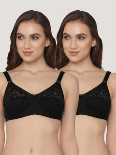 K LINGERIE Clare Women's Full Support Non Padded Delicate Lace Bra-Black Black