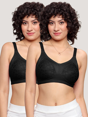 Kalyani Sandy Women’s Full Coverage Non-Padded Lace Bra with M Frame Front Panel Pack of 2 | BLACK BLACK