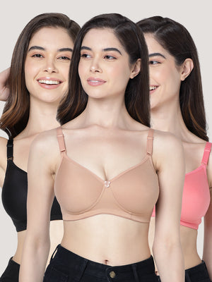 Cherry Full Coverage Lightly Padded Everyday Bra | Pack of 3-BLACK CAMEL CORAL