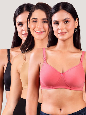 Cherry Full Coverage Lightly Padded Everyday Bra | Pack of 3-BLACK CAMEL CORAL