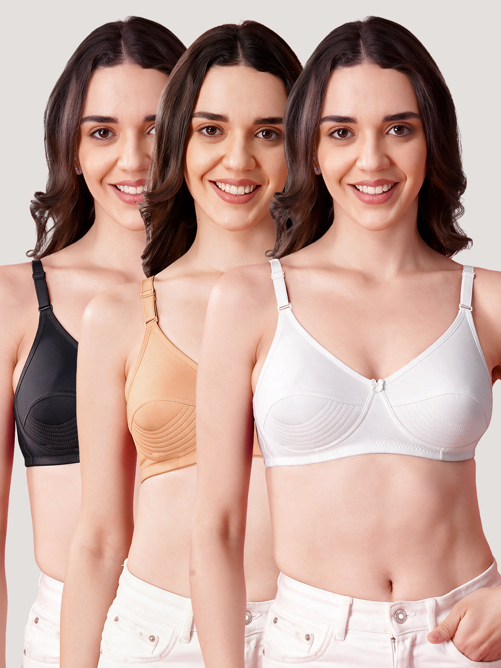 Pranika Non Padded Seamed Everyday Bra | Pack of 3-BLACK CAMEL WHITE