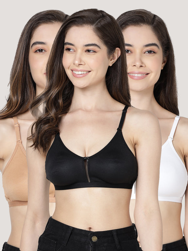 Gloria Full Coverage Double Layered Cups Everyday Bra | Pack of 3-BLACK CAMEL WHITE