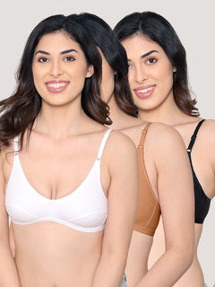 Vidhi Seamed Non-Padded Everyday Bra | Pack of 3-BLACK CAMEL WHITE