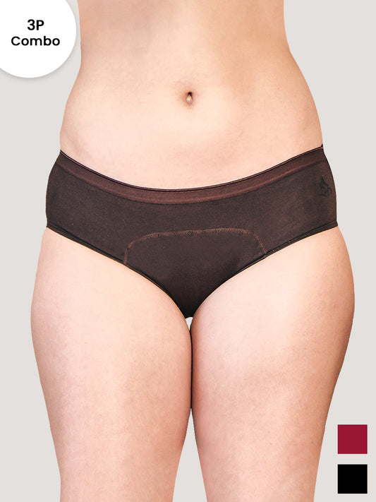 Emy Medium Coverage Period Panties | Pack of 3-BLACK COFFEE MAROON