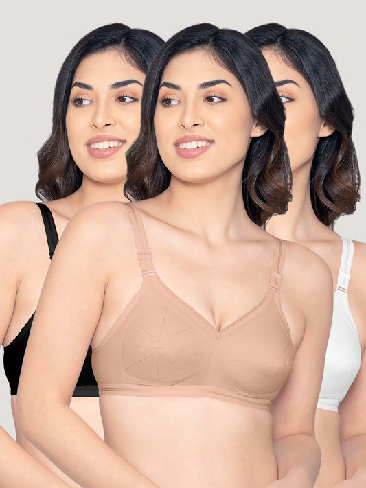 Damini Full Coverage Cotton Everyday Bra | Pack of 3-BLACK FAWN WHITE