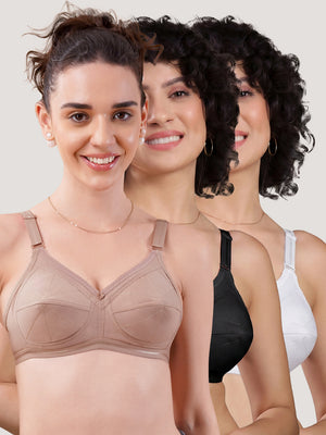 Damini Full Coverage Cotton Everyday Bra | Pack of 3-BLACK FAWN WHITE
