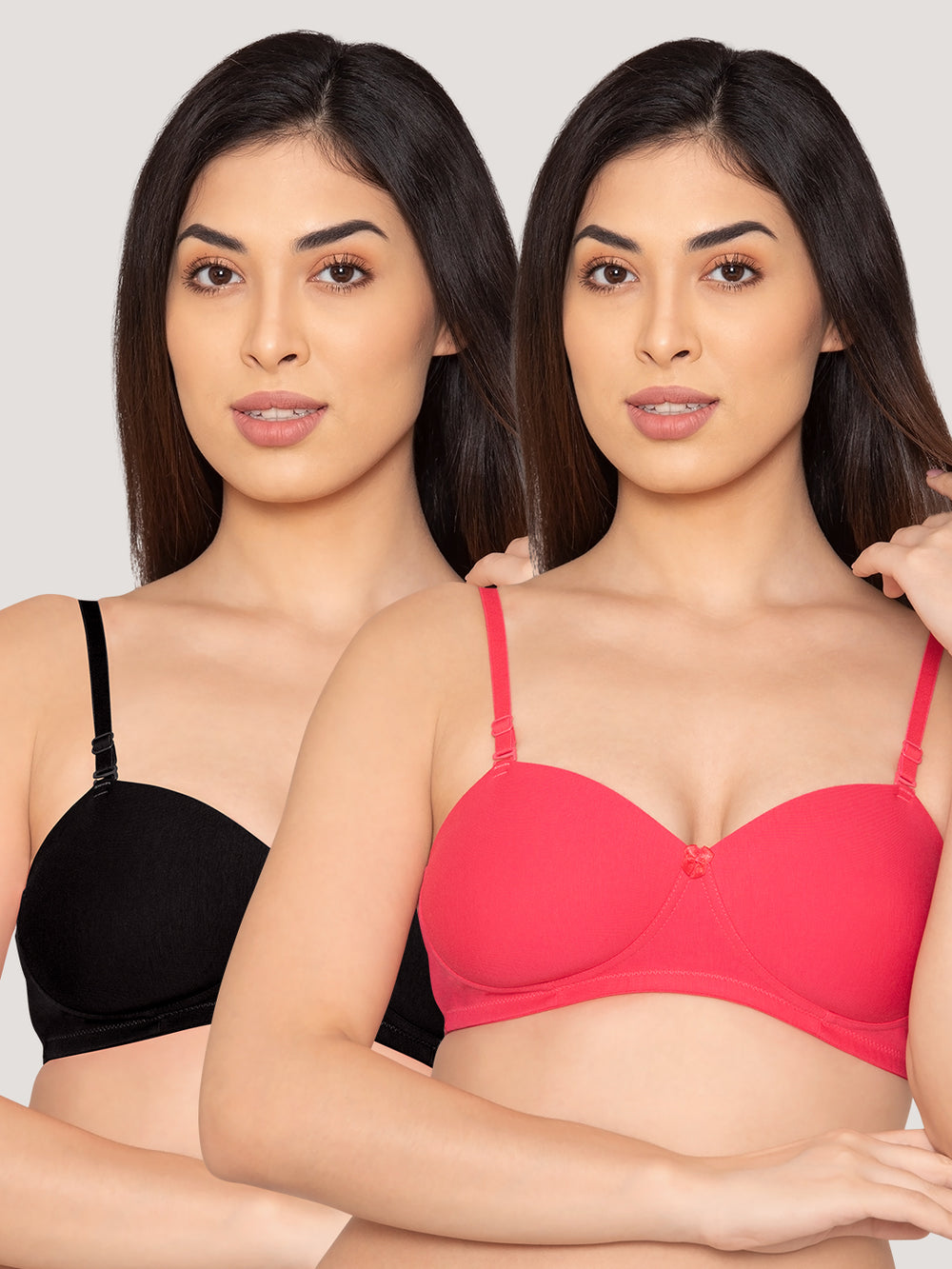 Kalyani Viviana Soft Padded Seamless Balconette Style T-Shirt Bras | Pack of 2 | BLACK HOT PINK